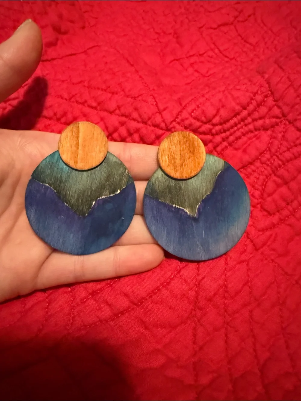 Handpainted Round Wood Statement Post Earrings